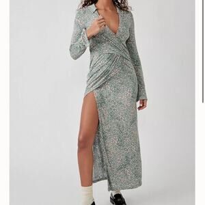 Free People Women’s Shayla Faux Wrap Midi Dress Medium Sea Foam Green